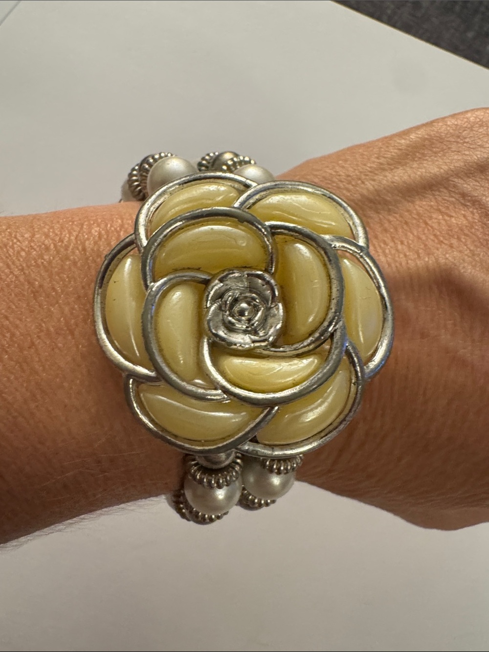 Yellow Silver Floral Statement Bracelet - Women Jewelry J33